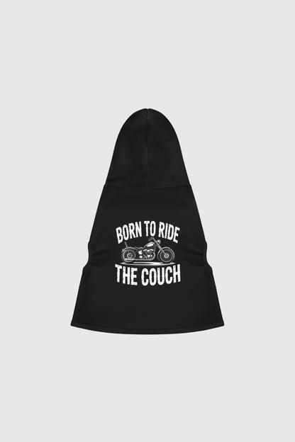 Dachshund wearing black born to ride the couch dog hoodie