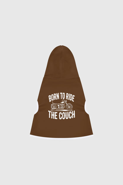 Dachshund wearing brown born to ride the couch dog hoodie