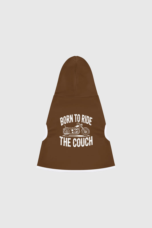 Dachshund wearing brown born to ride the couch dog hoodie