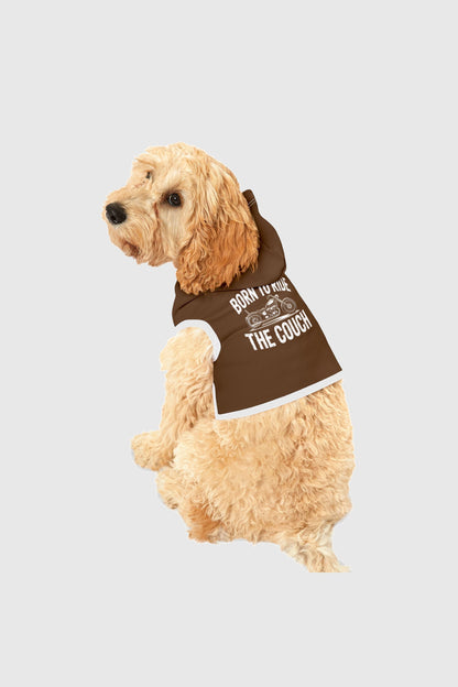 Born to ride the couch print detail on brown dog hoodie