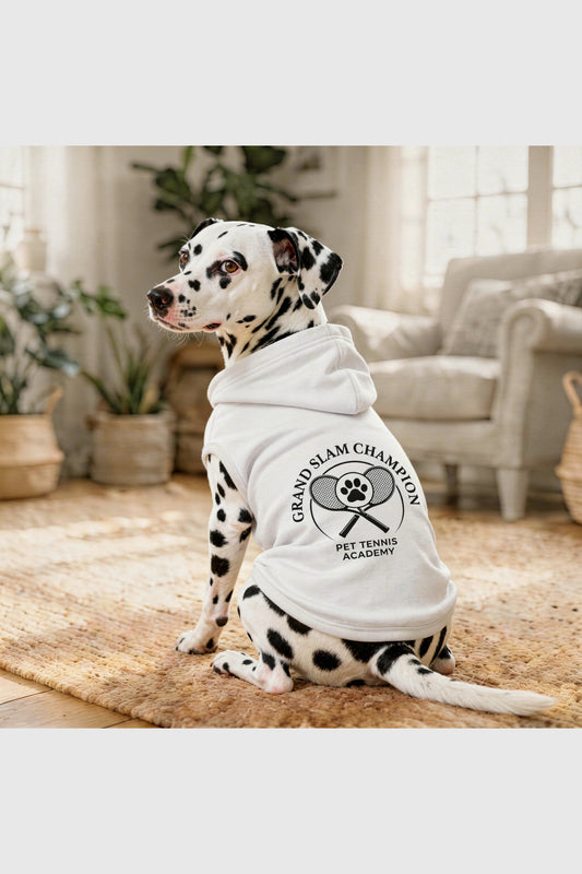 White dog hoodie with grand slam champion print, pullover style