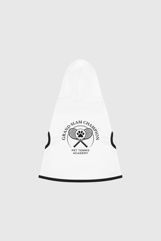 Dachshund wearing white grand slam champion dog hoodie