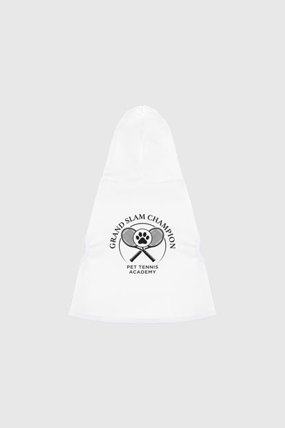 Golden retriever in white grand slam champion dog hoodie