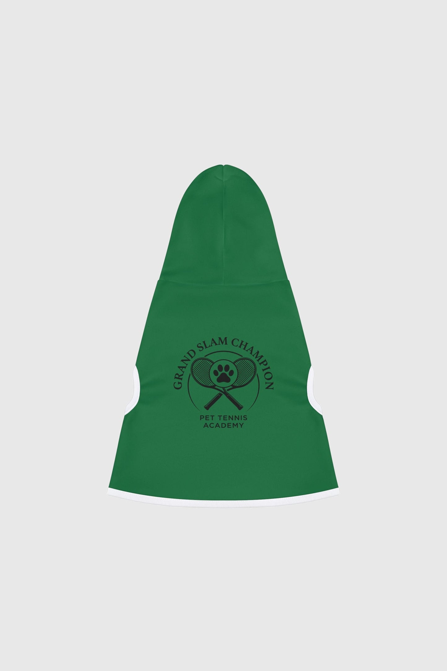 Dachshund wearing green grand slam champion dog hoodie