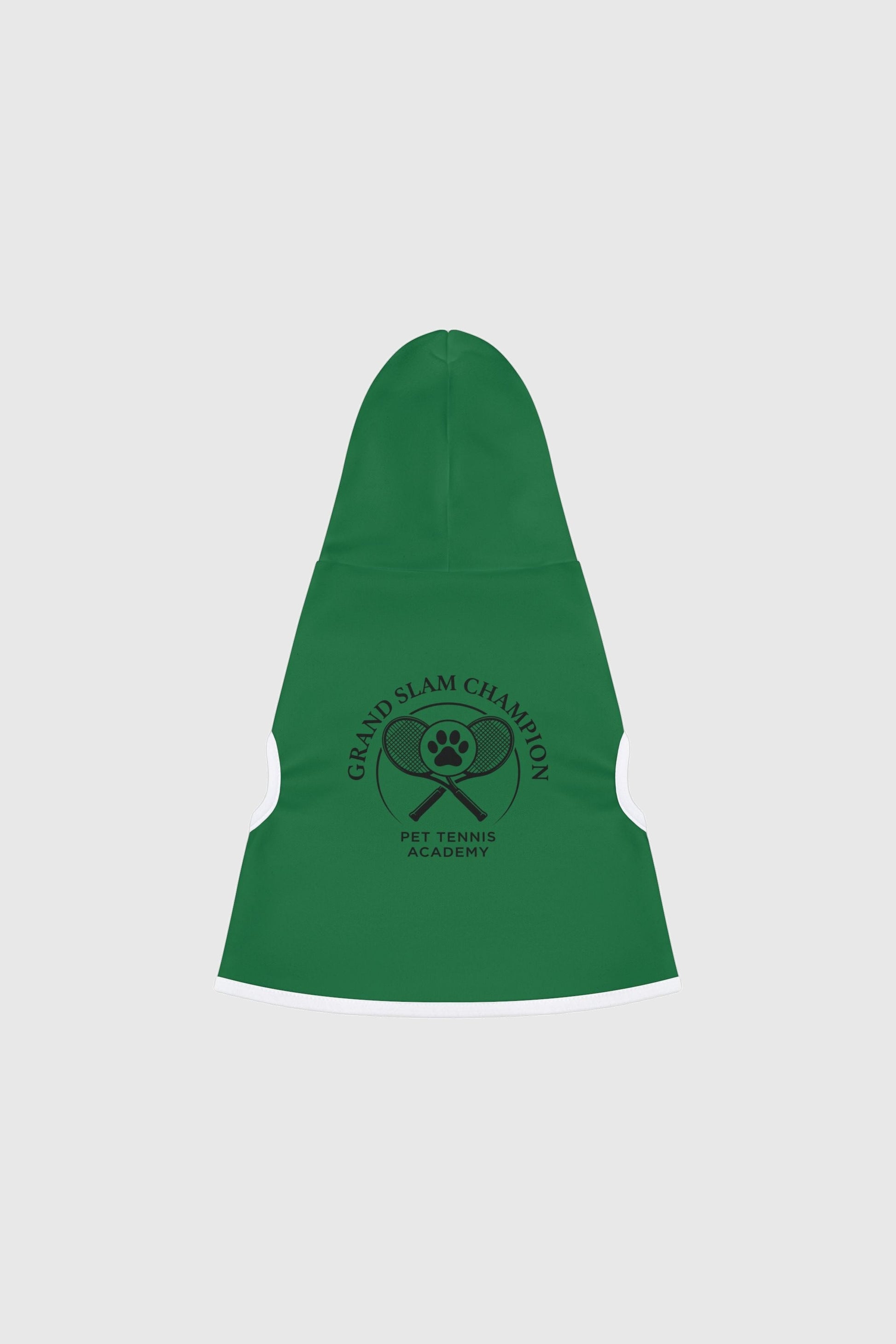 Dachshund wearing green grand slam champion dog hoodie