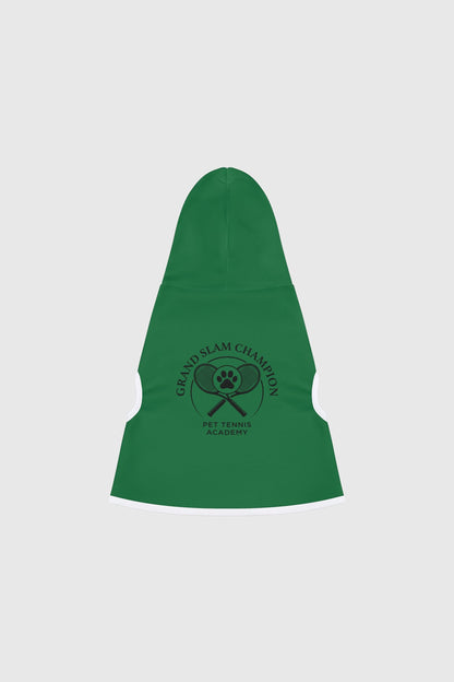 Dachshund wearing green grand slam champion dog hoodie
