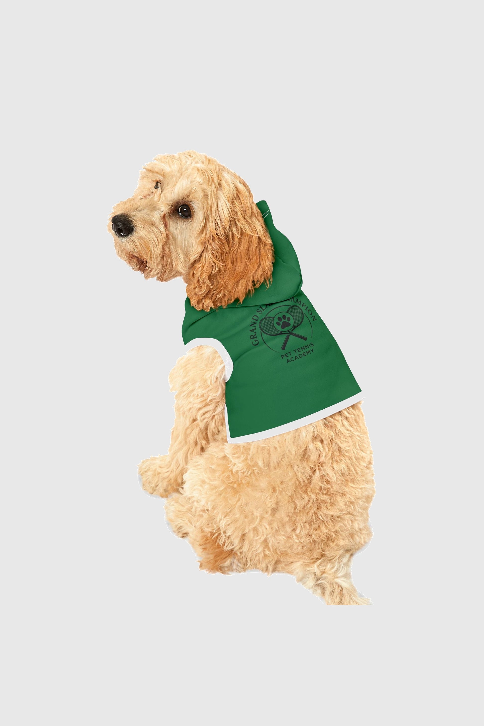 Grand slam champion print detail on green dog hoodie