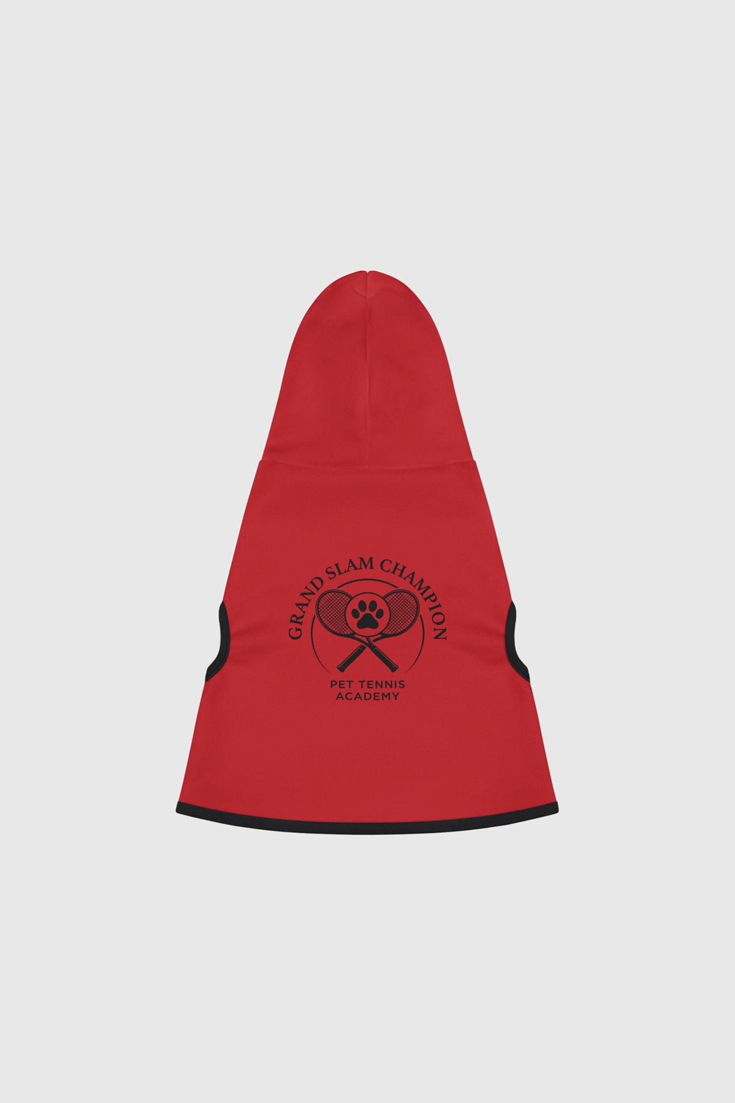 Dachshund wearing red grand slam champion dog hoodie