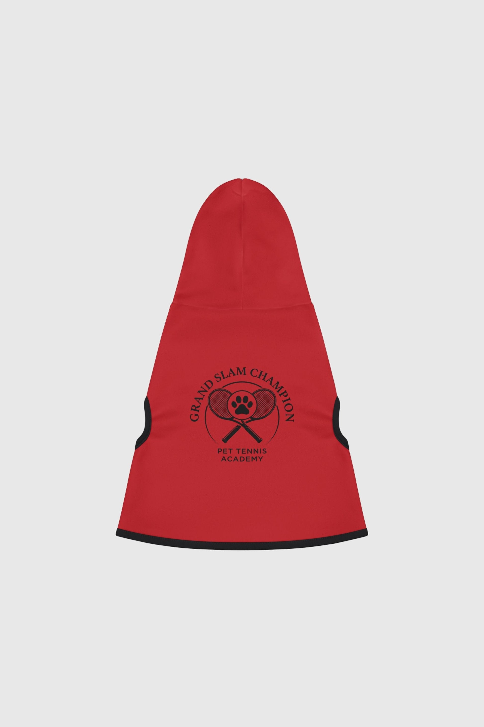 Dachshund wearing red grand slam champion dog hoodie