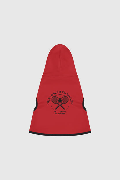 Dachshund wearing red grand slam champion dog hoodie