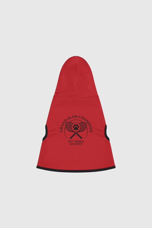 Dachshund wearing red grand slam champion dog hoodie