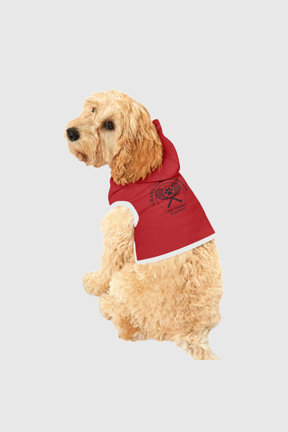 Beagle wearing red grand slam champion dog hoodie