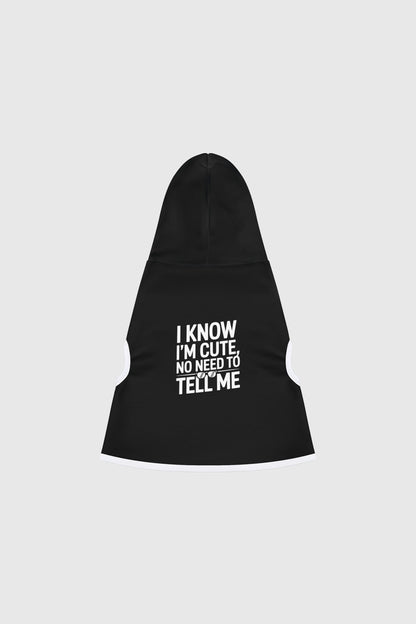 Dachshund wearing black i know i'm cute dog hoodie