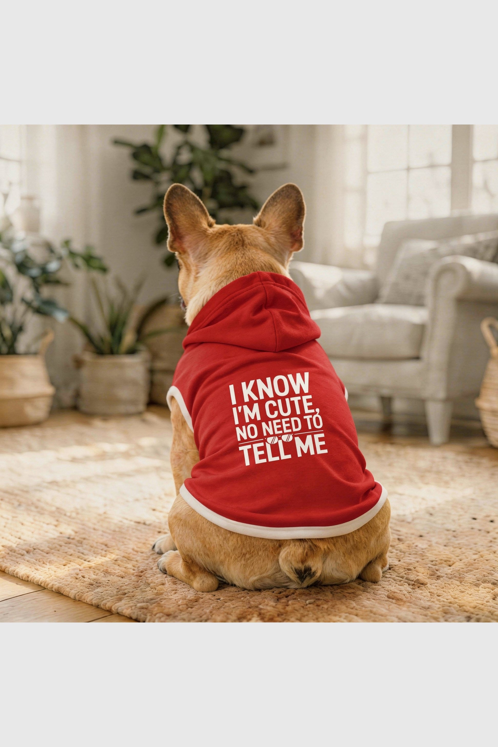 Red dog hoodie with i know i'm cute print, pullover style
