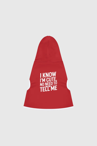 Dachshund wearing red i know i'm cute dog hoodie