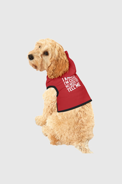 Golden retriever wearing red i know i'm cute dog hoodie