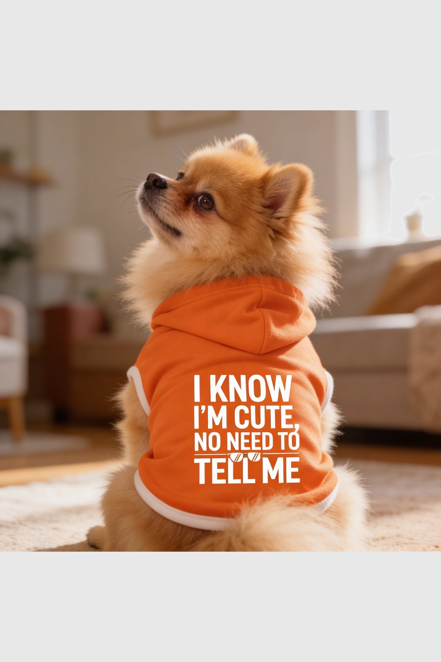 Orange dog hoodie with i know i'm cute print, pullover style
