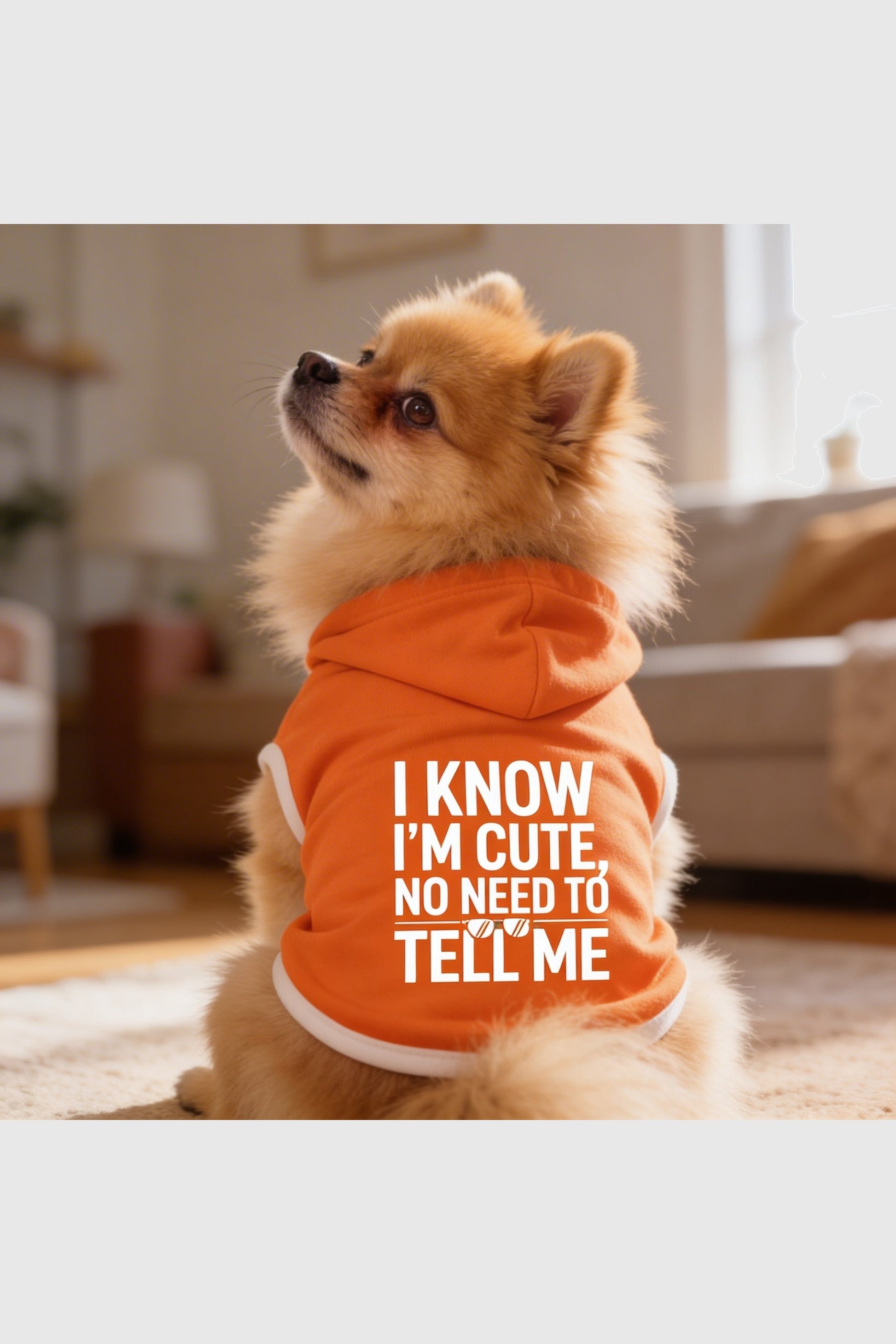 Orange dog hoodie with i know i'm cute print, pullover style