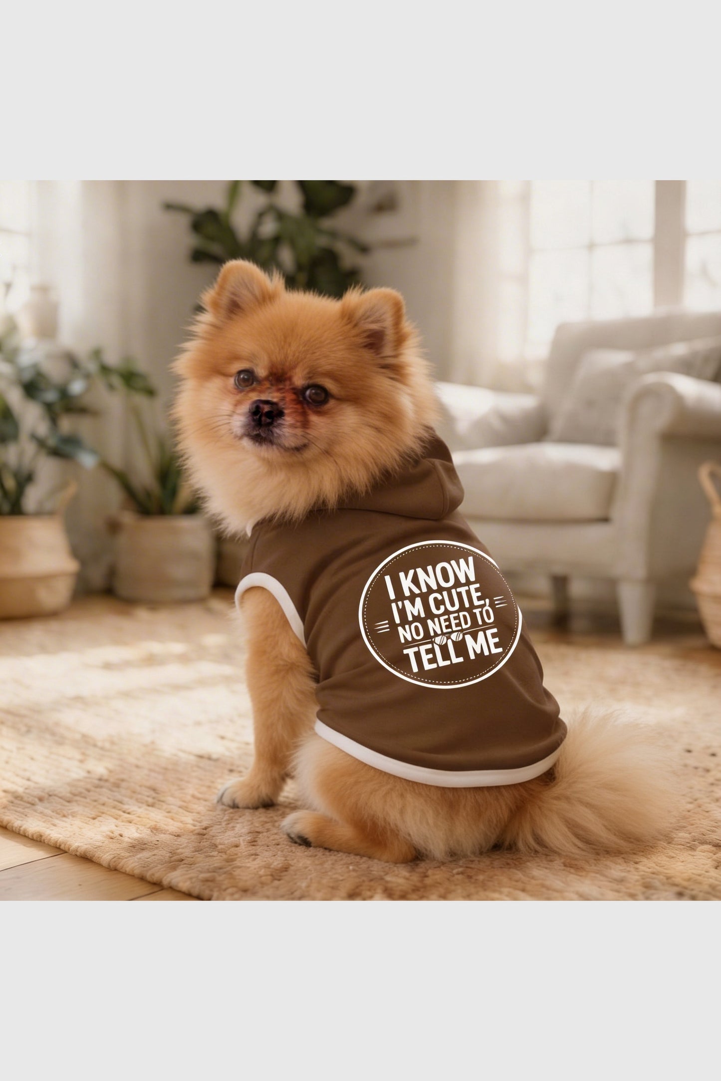 Brown dog hoodie with i know i'm cute print, pullover style