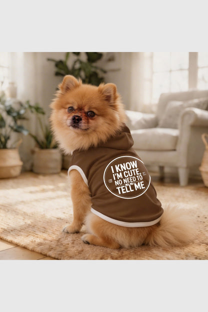 Brown dog hoodie with i know i'm cute print, pullover style