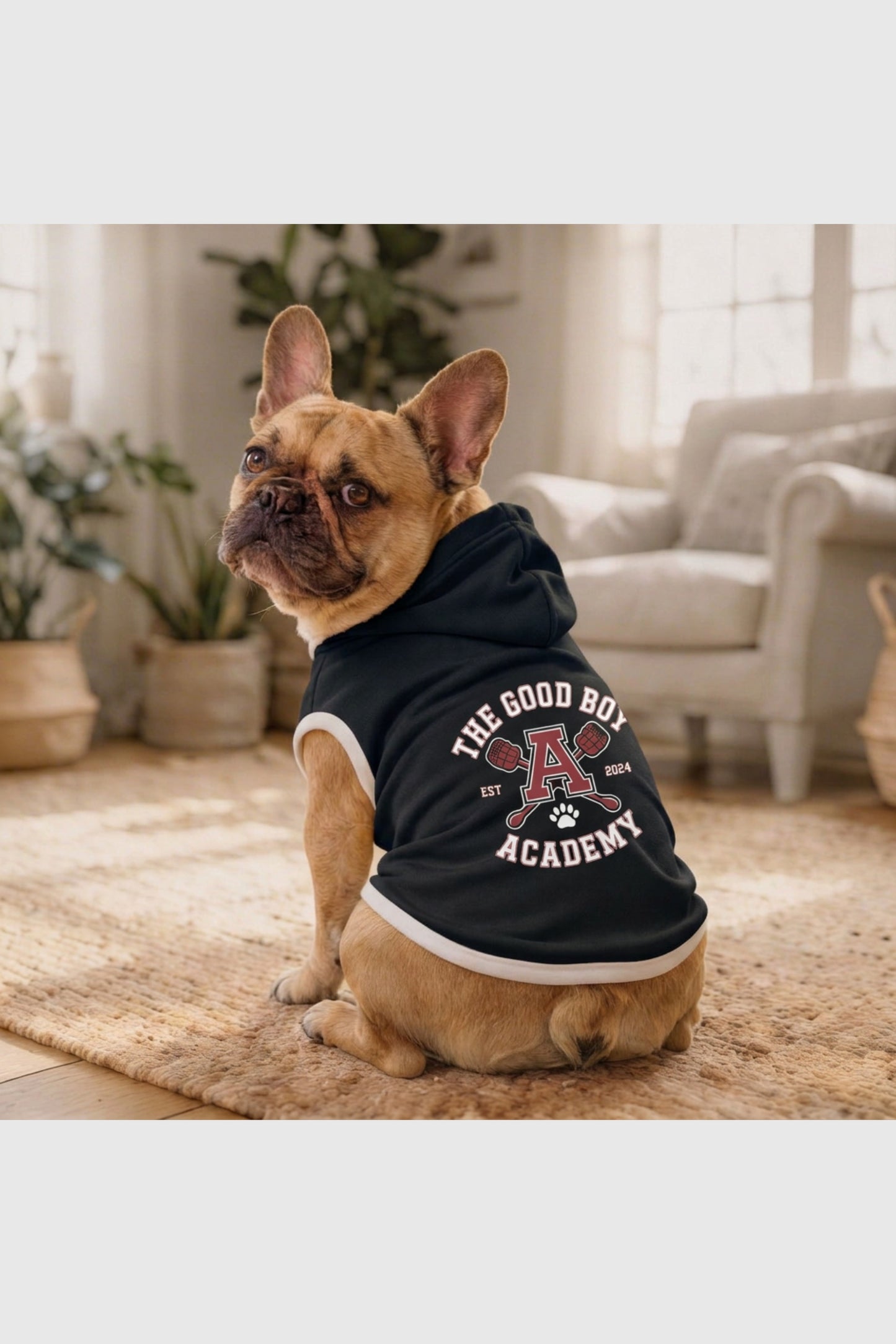 White dog hoodie with the good boy academy print, pullover style