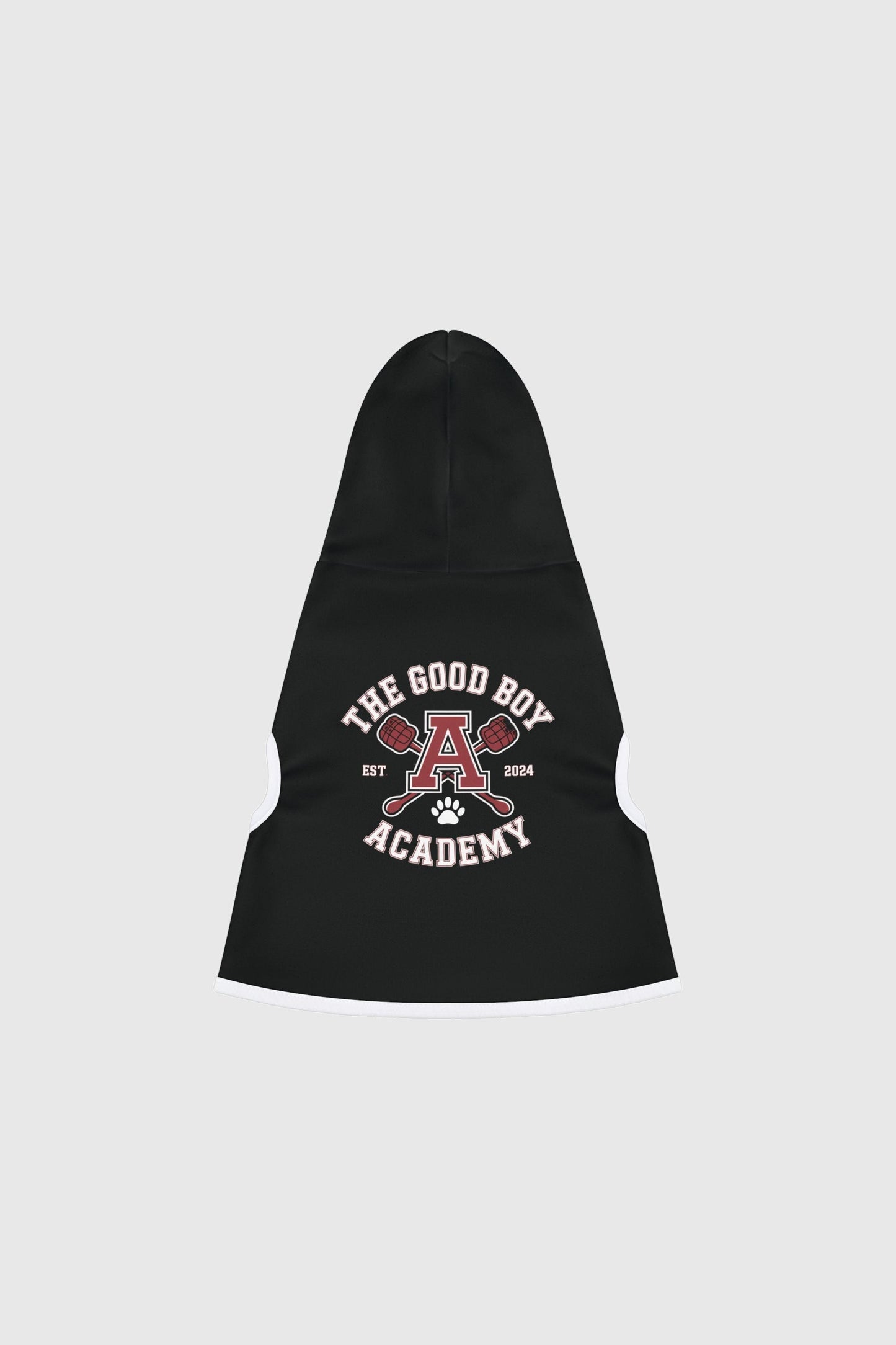 Golden retriever wearing white the good boy academy dog hoodie