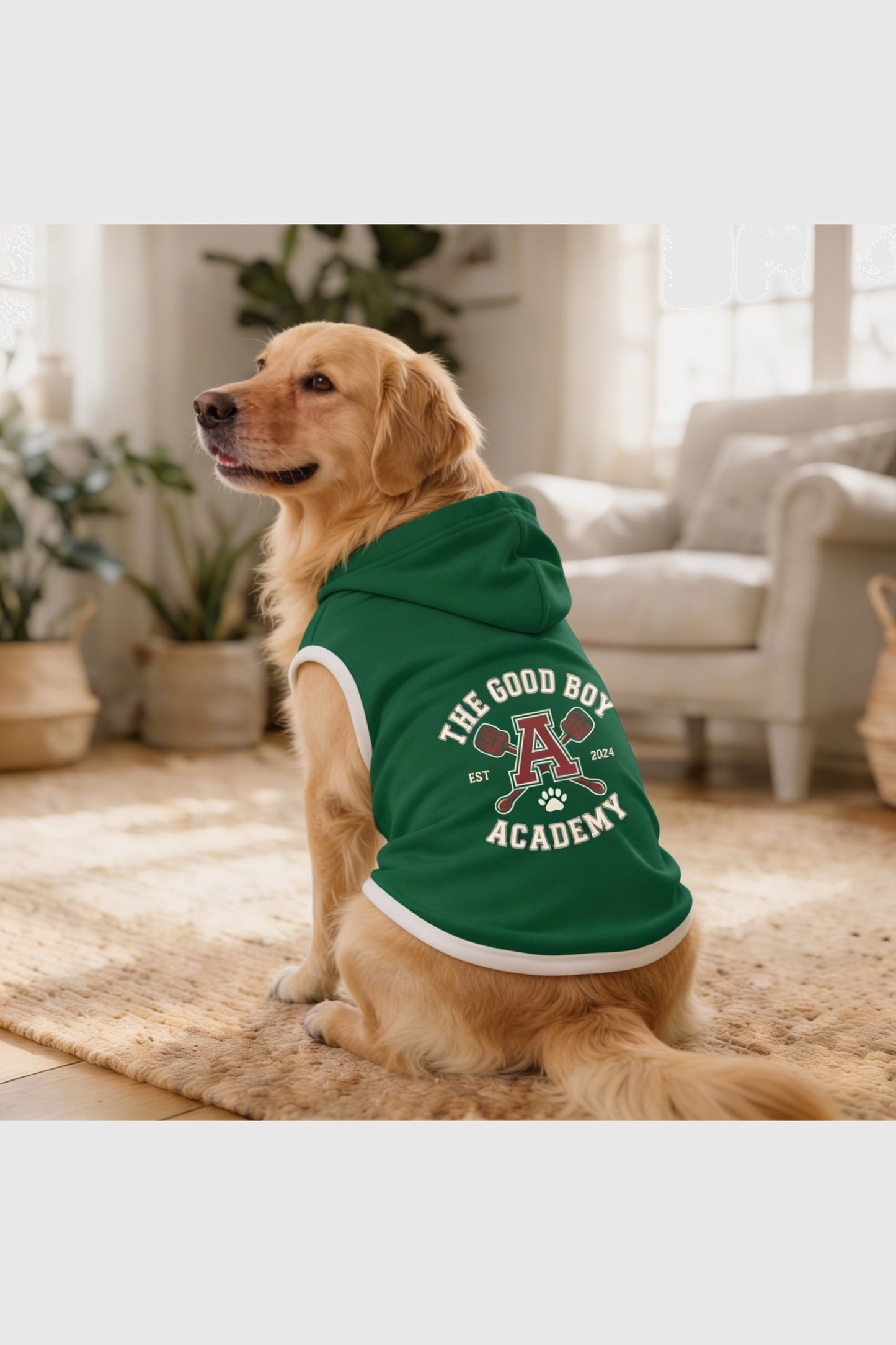 Green dog hoodie with the good boy academy print, pullover style
