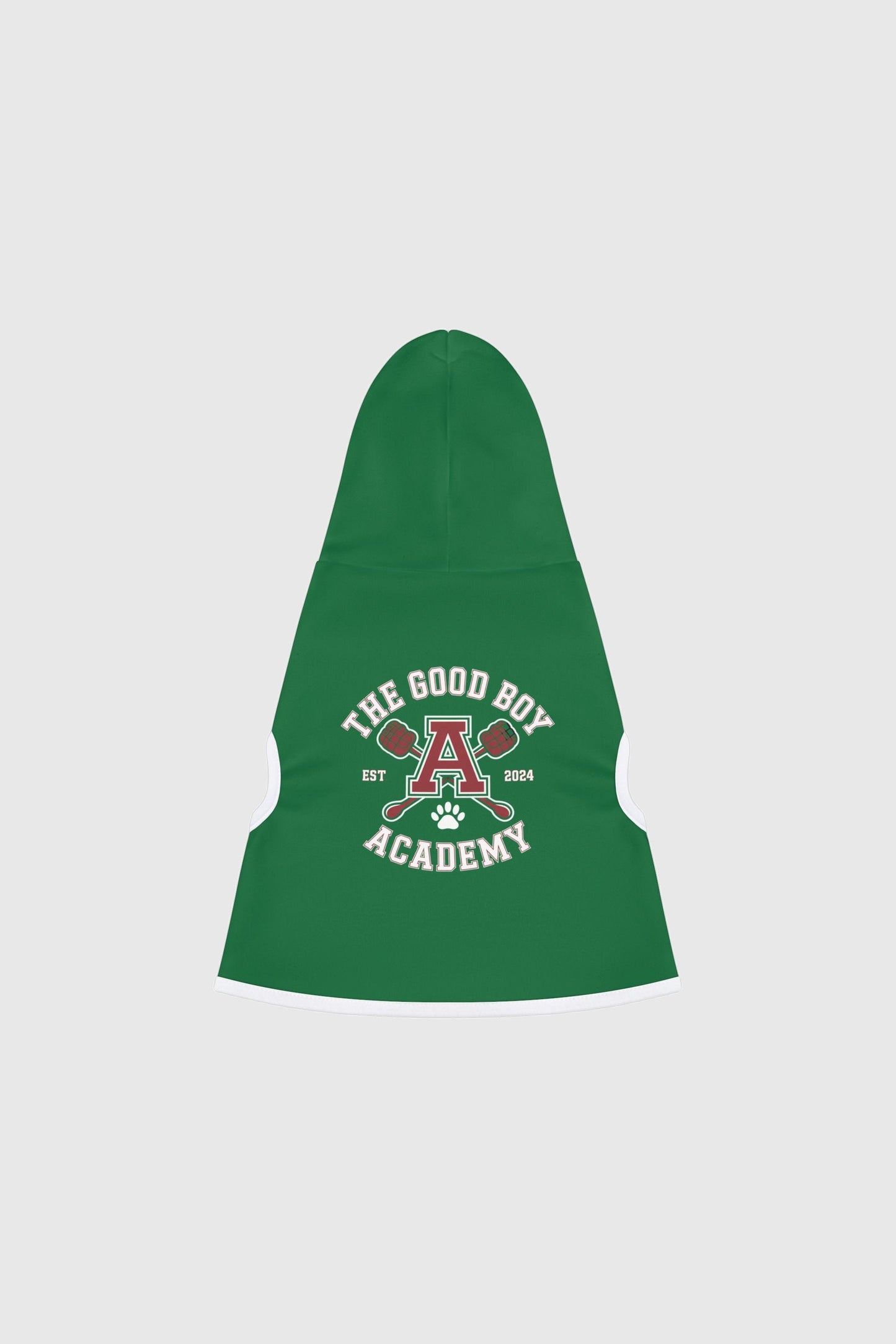 Golden retriever wearing green the good boy academy dog hoodie