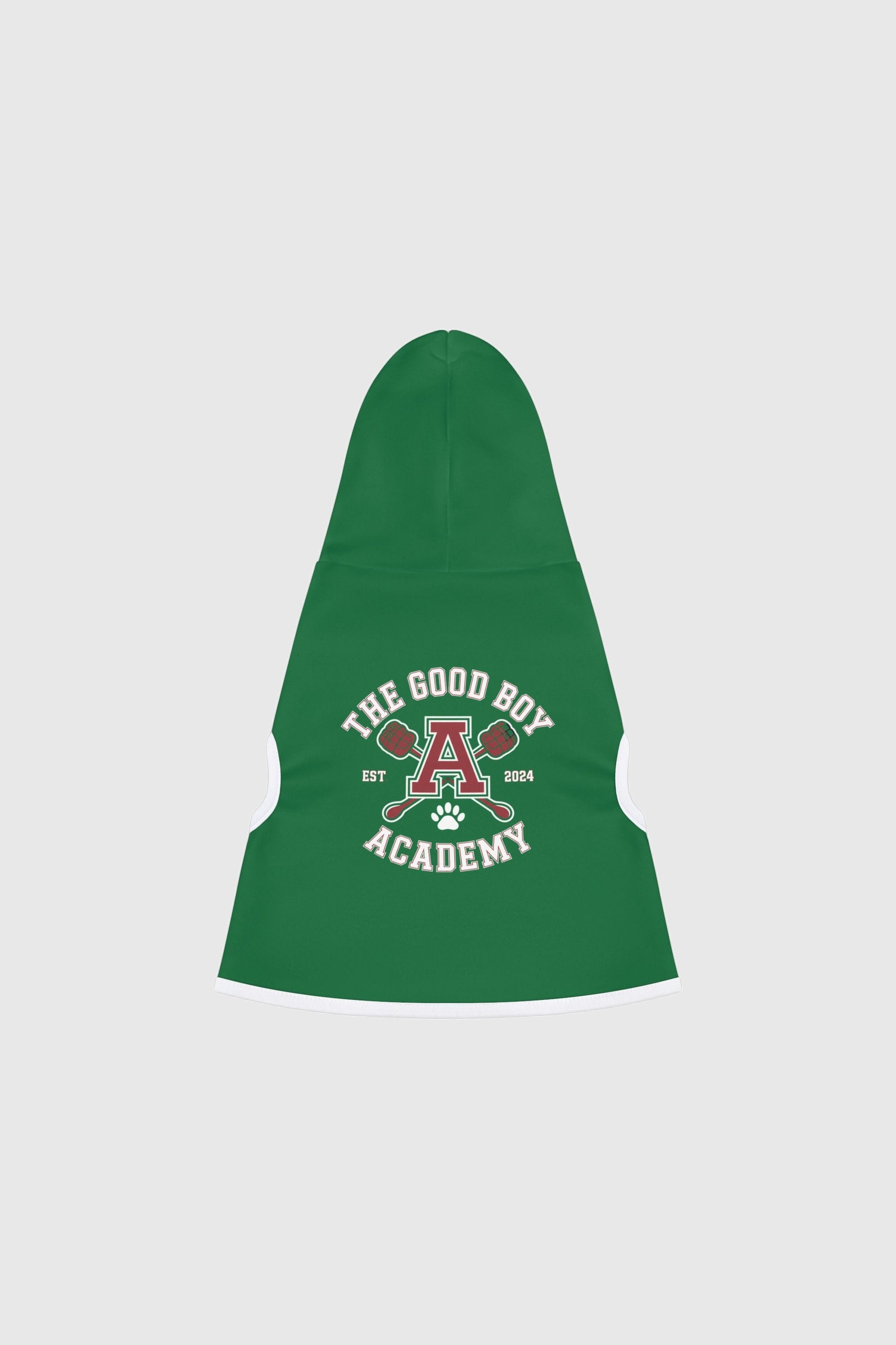 Golden retriever wearing green the good boy academy dog hoodie