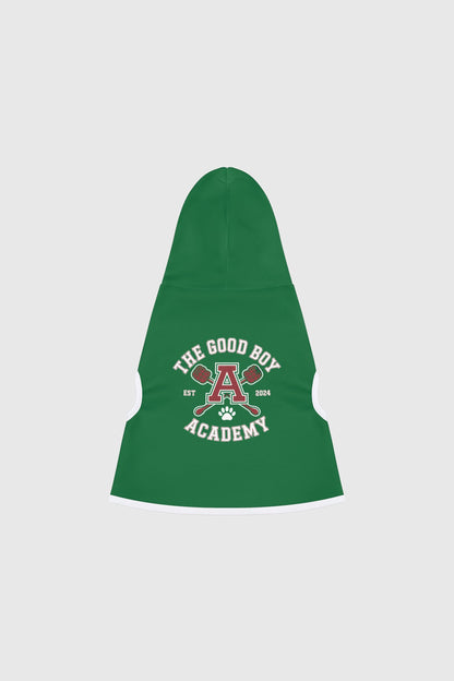 Golden retriever wearing green the good boy academy dog hoodie