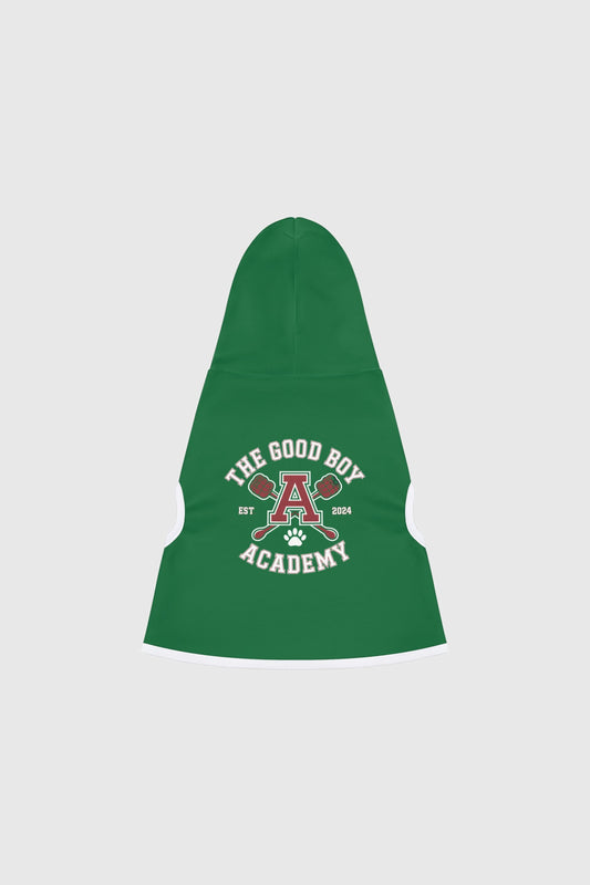 Golden retriever wearing green the good boy academy dog hoodie