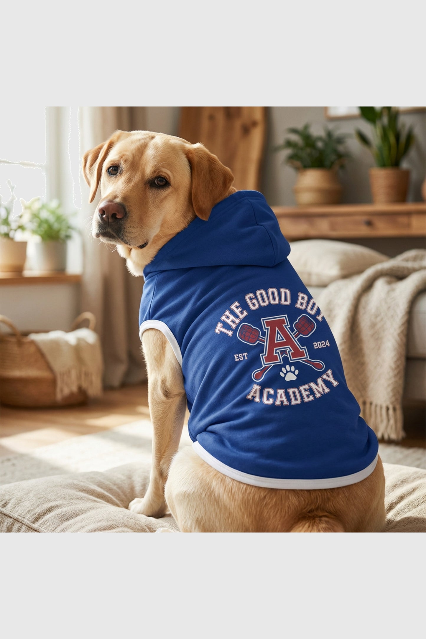 Blue dog hoodie with the good boy academy print, pullover style