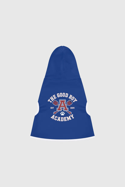 Golden retriever wearing blue the good boy academy dog hoodie