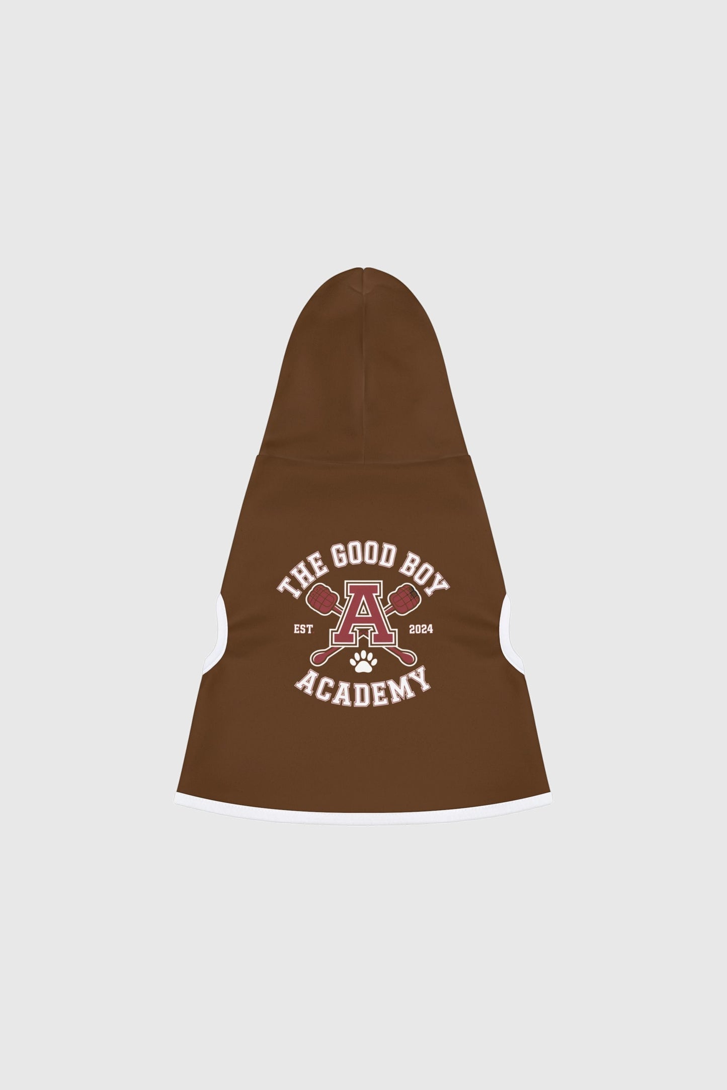 Golden retriever wearing brown the good boy academy dog hoodie