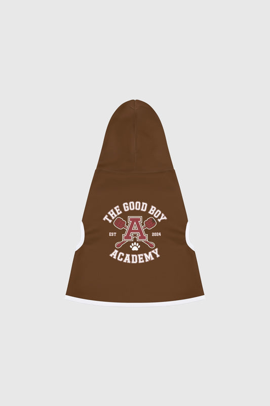 Golden retriever wearing brown the good boy academy dog hoodie