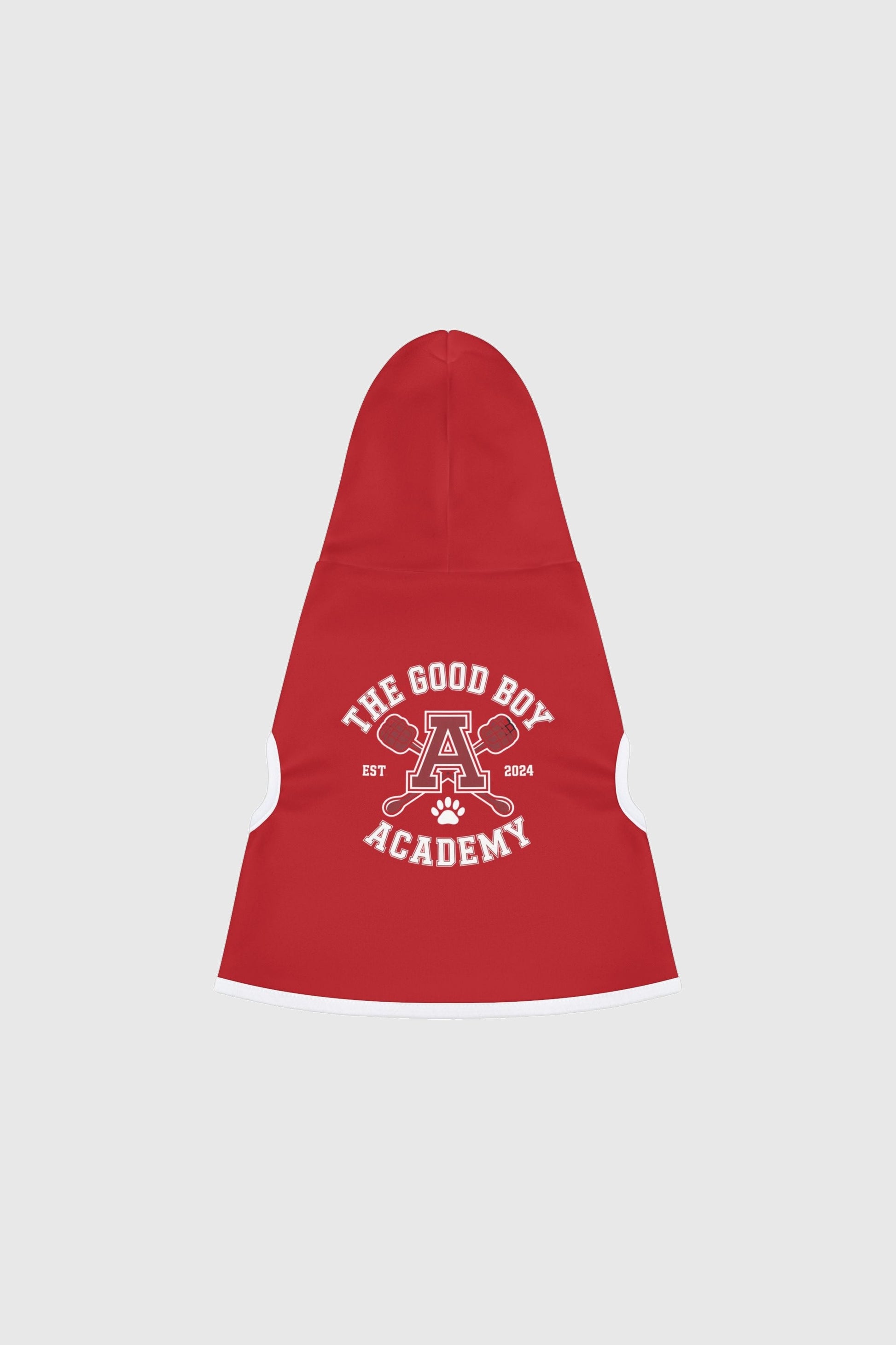 Golden retriever wearing red the good boy academy dog hoodie