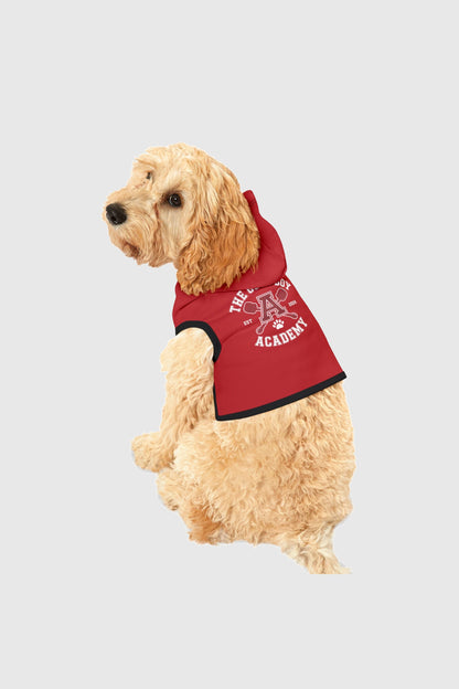 The good boy academy print detail on red dog hoodie