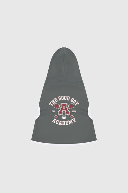 Golden retriever wearing gray the good boy academy dog hoodie