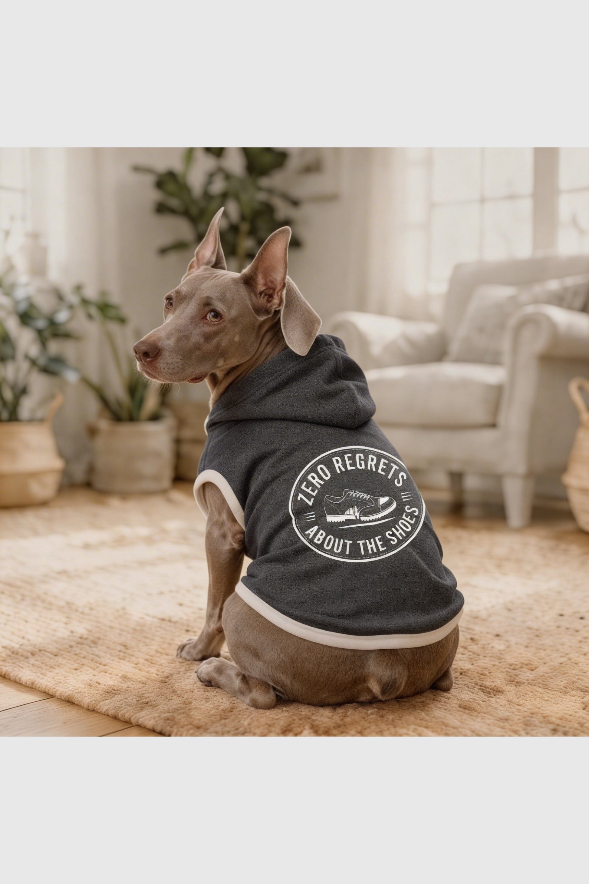 Gray dog hoodie with zero regrets about the shoes print, pullover style