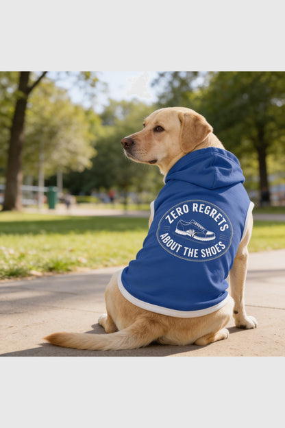 Blue dog hoodie with zero regrets about the shoes print, pullover style