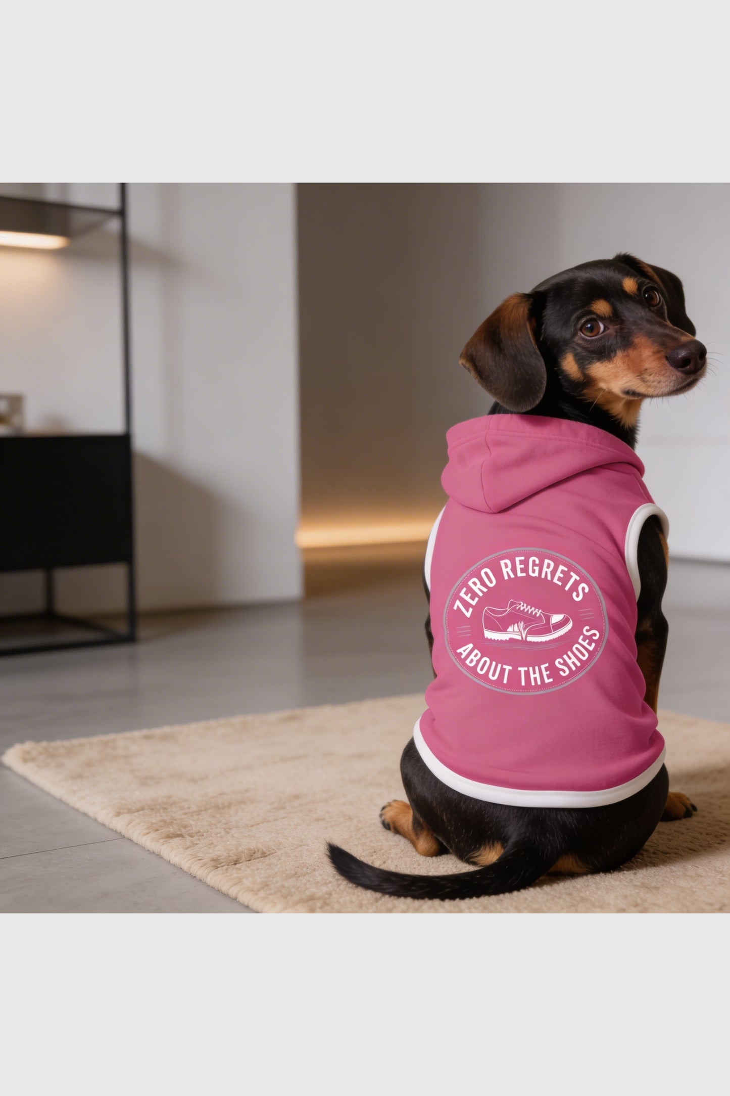 Pink dog hoodie with zero regrets about the shoes print, pullover style