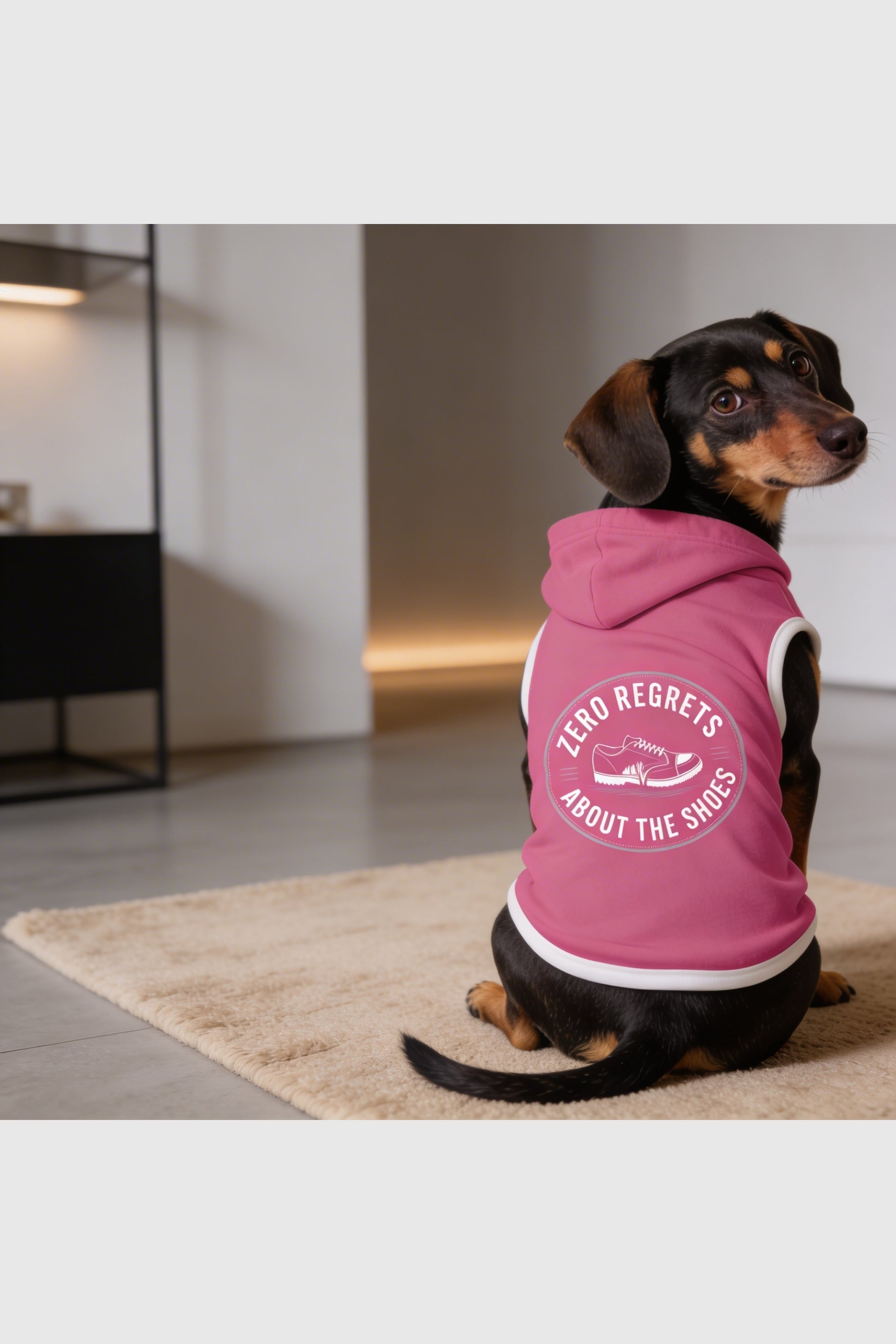 Pink dog hoodie with zero regrets about the shoes print, pullover style