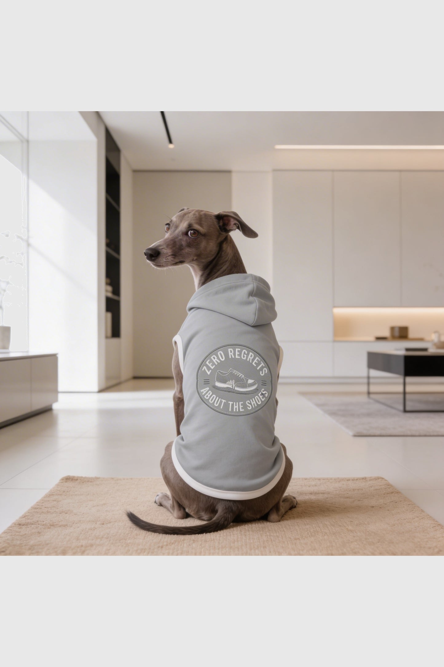 Heather gray dog hoodie with zero regrets about the shoes print, pullover style