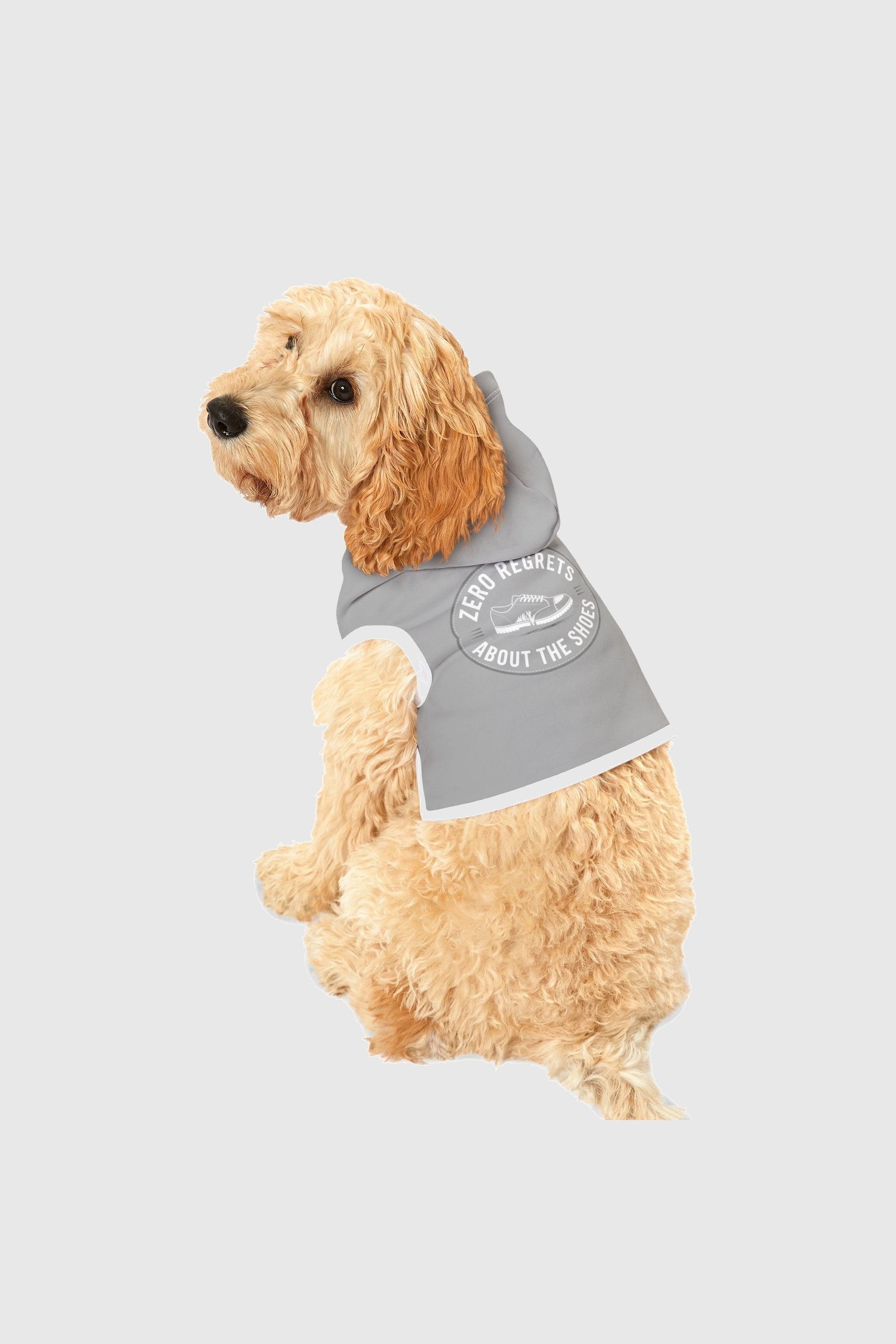 Zero regrets about the shoes print detail on heather gray dog hoodie