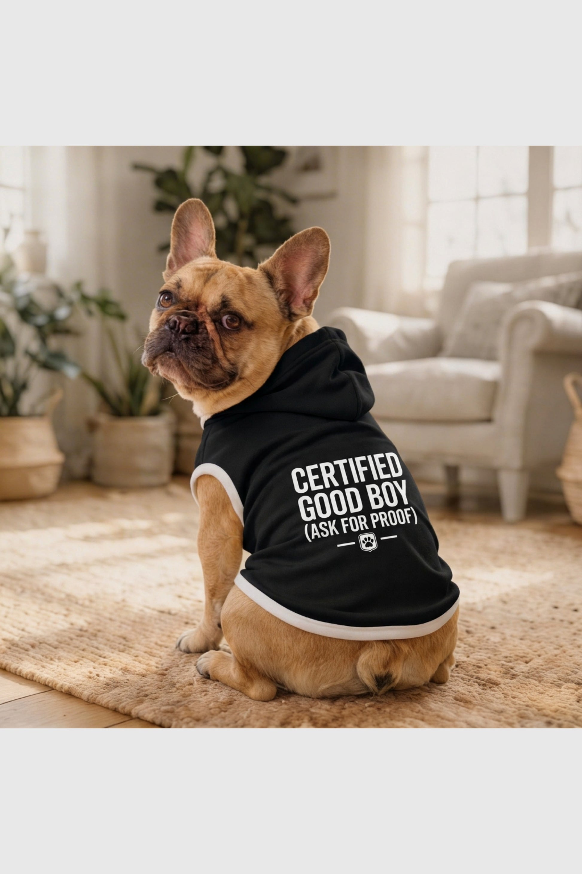 Black dog hoodie with certified good boy print, pullover style