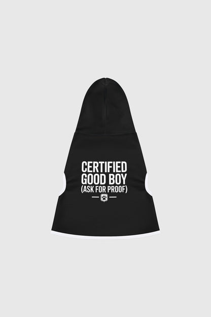 Dachshund wearing black certified good boy dog hoodie