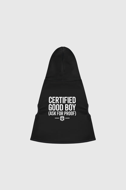 Golden retriever in black certified good boy dog hoodie