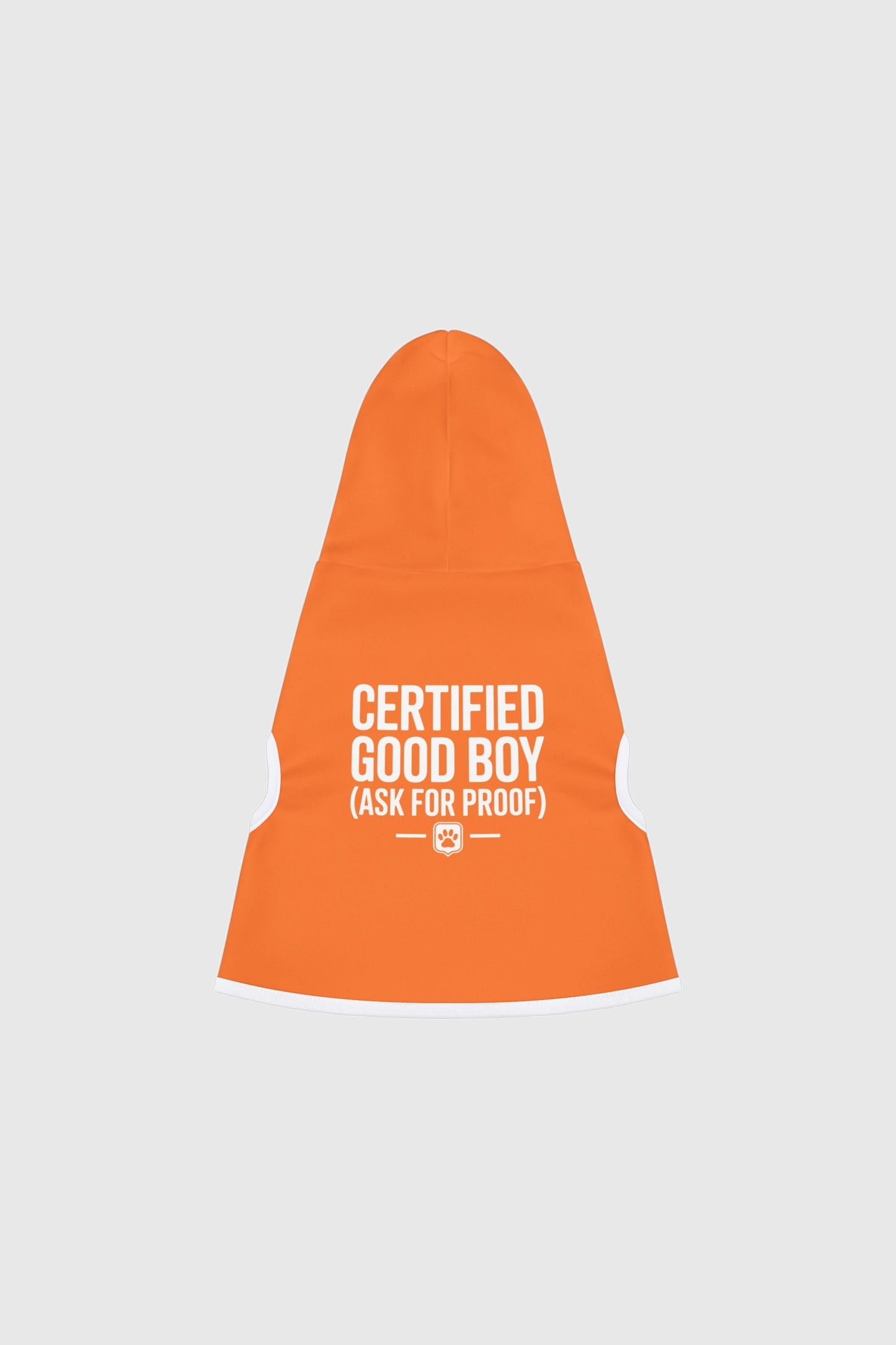 Dachshund wearing orange certified good boy dog hoodie
