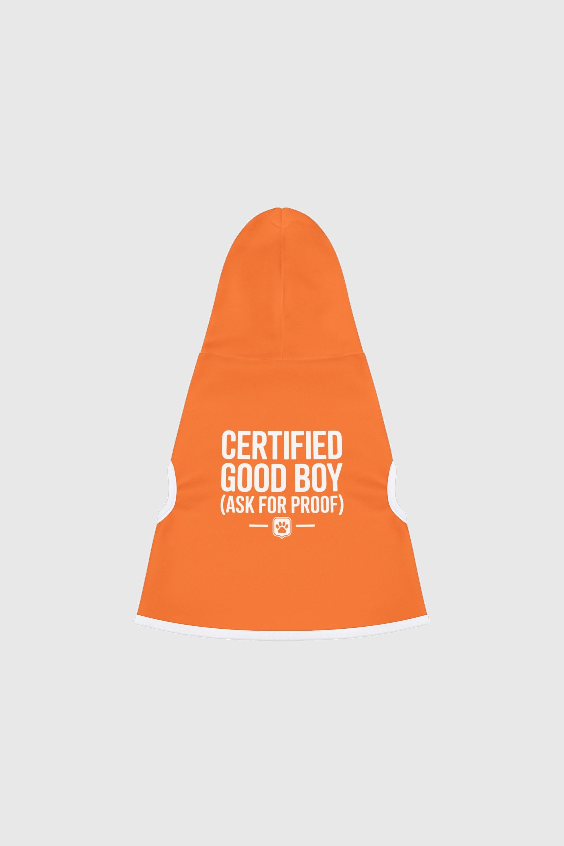 Dachshund wearing orange certified good boy dog hoodie