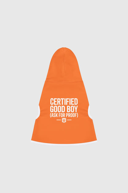 Dachshund wearing orange certified good boy dog hoodie